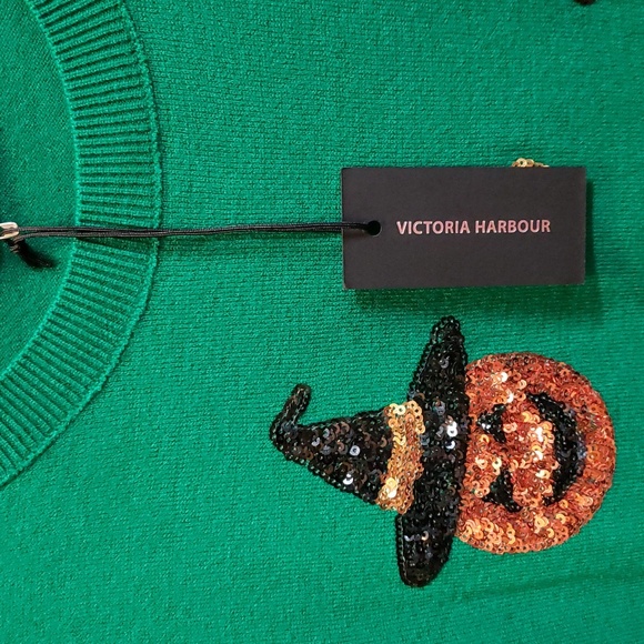 Victoria Harbour Kelly Green Sweater with Sequined Pumpkins and Candy Corn - Picture 7 of 7